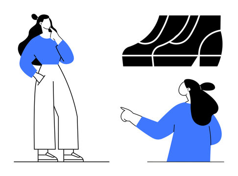 Two individuals with stylish outfits observe and point to a display of shoes. Ideal for fashion, shopping, marketing, illustration, design inspiration, retail advertisement and trendy lifestyle
