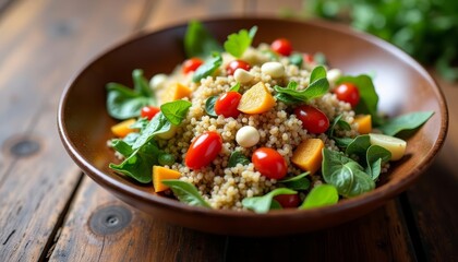  Nutritious and colorful quinoa salad on wooden table