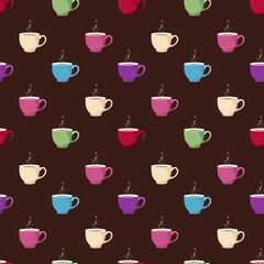 Multi-colored cups with hot tea on a brown background, seamless pattern.
