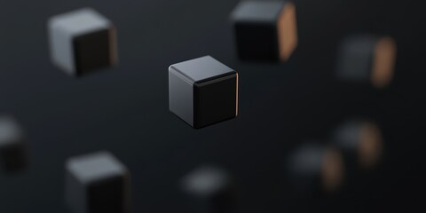 Floating black cubes in a dark background for modern designs and abstract concepts.