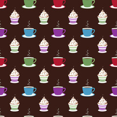 Multi-colored cakes with cups of aroma coffee, seamless pattern on a brown background.