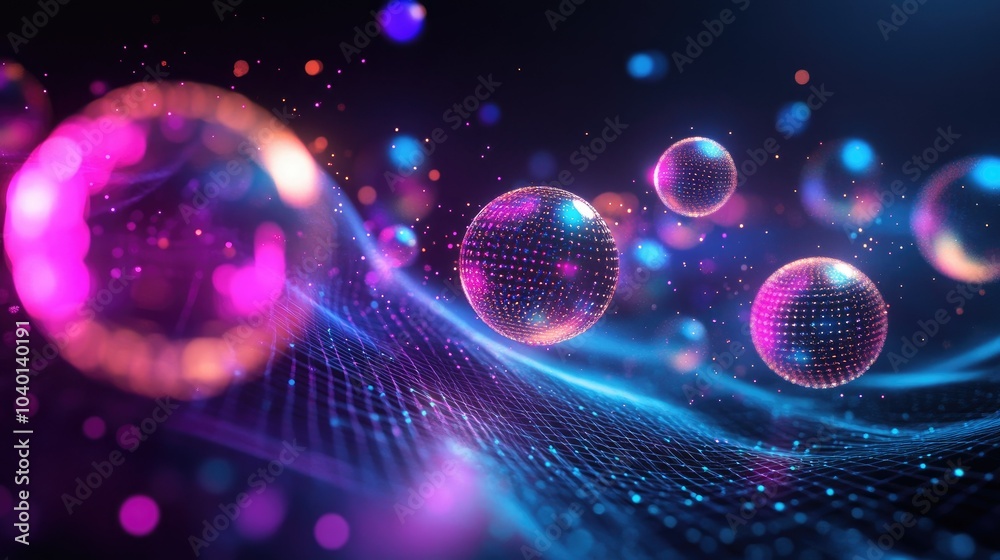 Aufkleber futuristic neon patterns with floating orbs on a dark tech process background