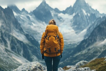 A hiker admires the mountain landscape under cloudy skies in the early evening