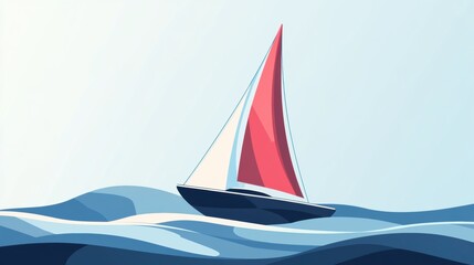 Fototapeta premium A sailboat navigates smooth waves under a clear sky, creating a tranquil atmosphere in a minimalist environment. Generative AI