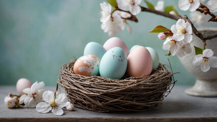 Fototapeta premium Nest with pastel-colored eggs surrounded by cherry blossoms on a serene blue background setting.
