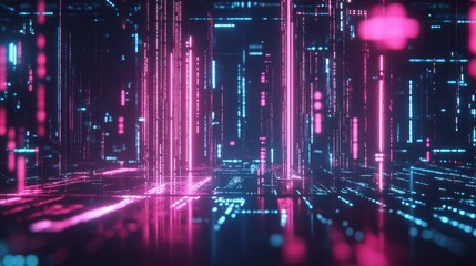 Fototapeta premium Geometric data points and neon lines in motion on a dark tech background