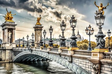 Monument on Pont Alexandre III Bridge in Paris - Hand Drawn Doodle Silhouette of Fame Statues on Seine