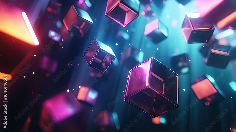 Poster glowing abstract polygonal shapes floating on a dark tech process background
