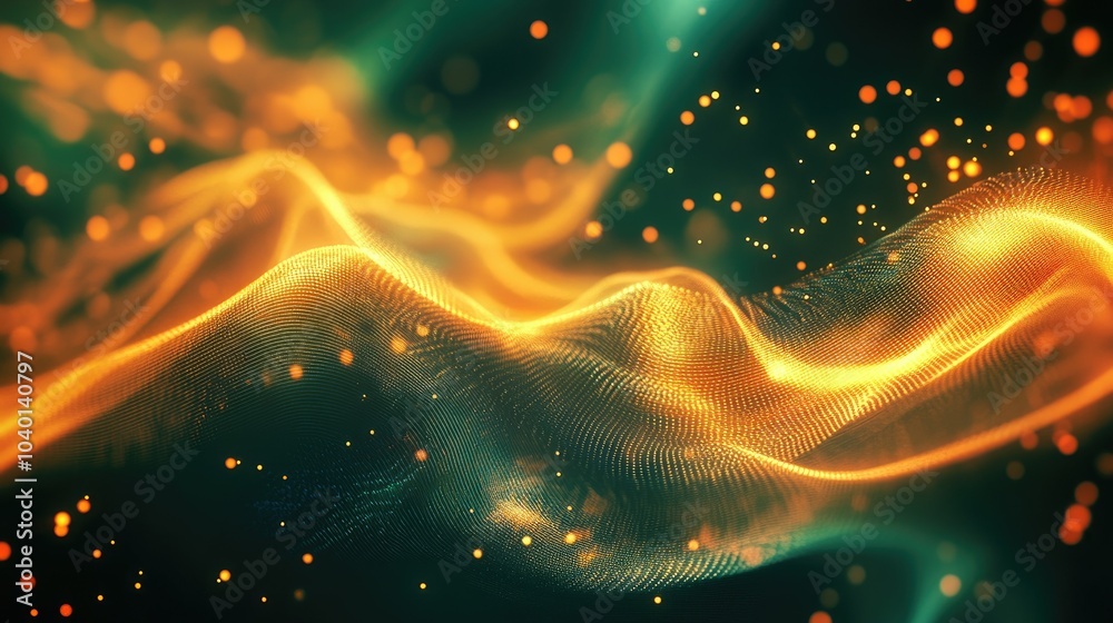 Poster glowing abstract waveforms with digital nodes, representing tech processes in motion