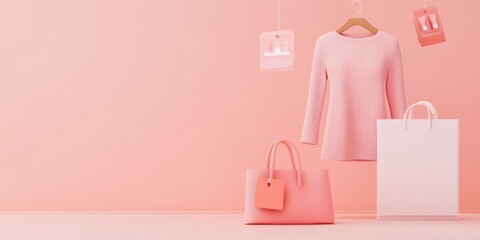 Stylish pink clothing and accessory display on a soft pink background.