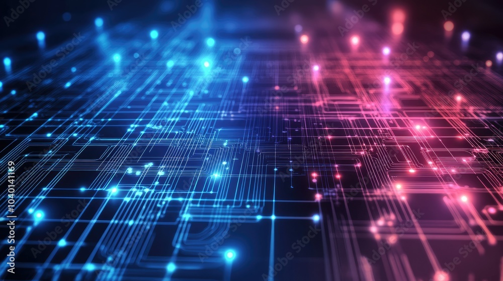 Poster glowing circuitry pattern on a high-tech digital grid background for technological processes