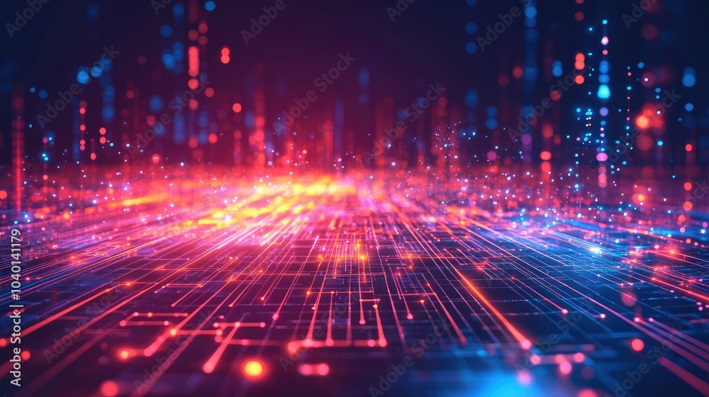 Poster glowing circuitry pattern on a high-tech digital grid background for technological processes