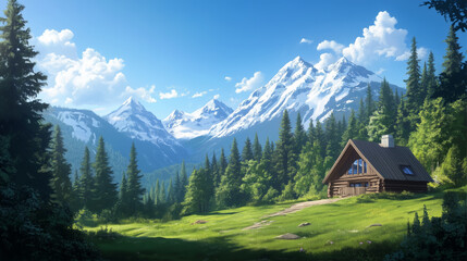 A cabin is nestled in the woods, with a road leading up to it. The cabin is surrounded by trees and mountains in the background, creating a peaceful and serene atmosphere