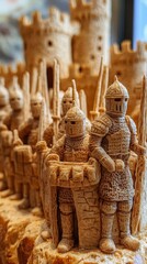 Fototapeta premium Knights of the Breadstick Fortress, whimsical scene with tiny knights standing guard at a castle crafted from golden breadsticks