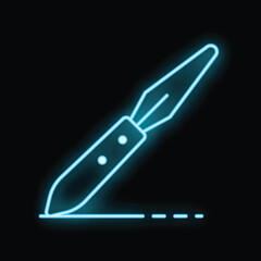 Blue neon icon of a scalpel cutting a dotted line, evoking surgery, precision, or decision making