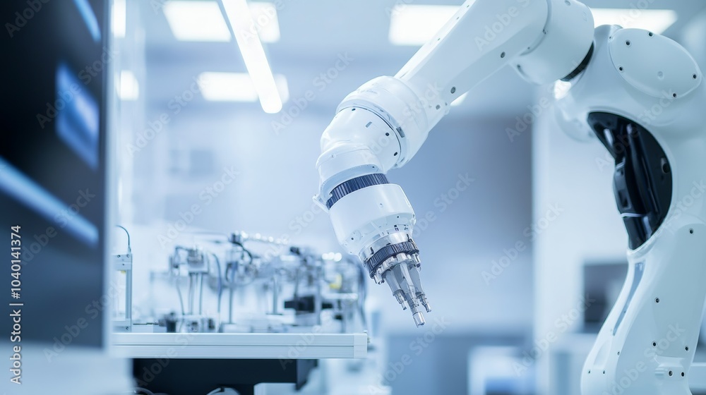 Poster A robot managing automated inspection in a clean, modern robotics research lab with organized testing areas and advanced research equipment, Robotics research tech style