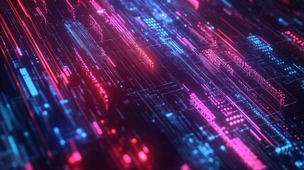 Fototapeta premium Glowing data nodes interconnected by neon light streams, floating on a tech background