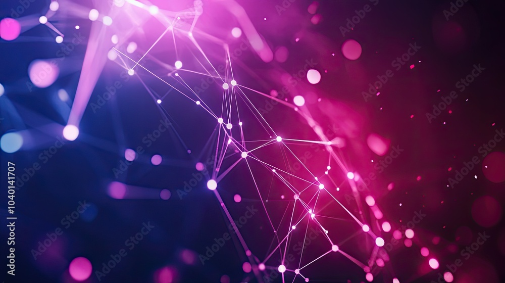 Poster glowing geometric shapes connected by data lines on a modern tech process background