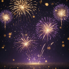 Golden and purple fireworks burst against a dark night sky