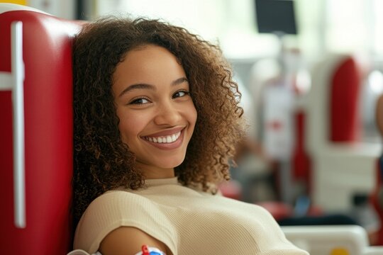 Blood donation campaign poster with an image of a smiling donor, emphasizing community support, the spirit of giving, and the importance of blood donations for saving lives. - Powered by Adobe