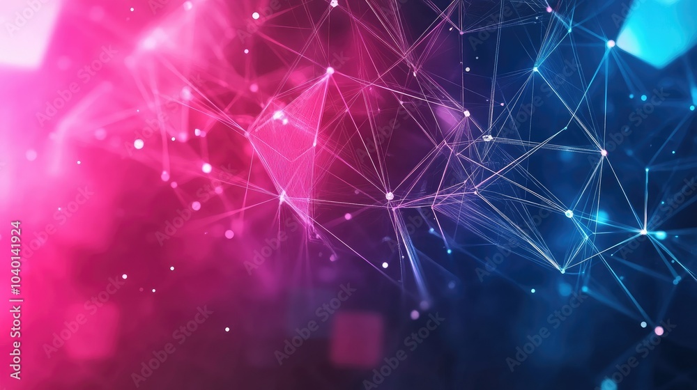 Poster glowing geometric shapes connected by data lines on a modern tech process background