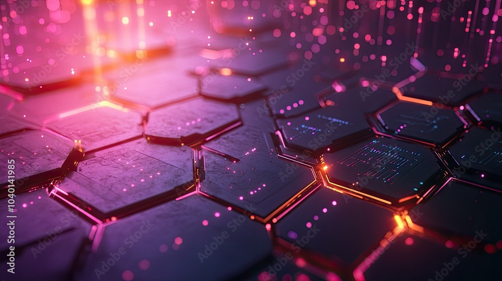 Poster glowing hexagonal patterns with data points floating in a digital space background
