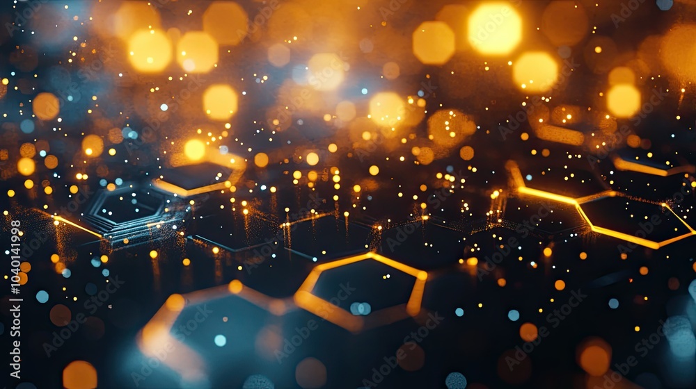 Poster glowing hexagonal patterns with data points floating in a digital space background