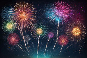 Naklejka premium Colorful fireworks display illuminates the night sky during New Year's Eve celebration