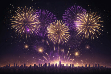 Golden and violet fireworks explode over a city skyline during New Year's Eve