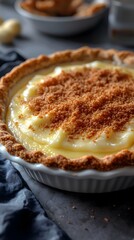 A delicious pie topped with a golden crust and creamy filling, perfect for dessert.