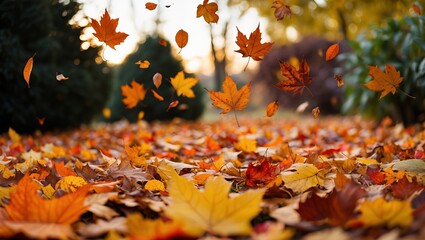 Colorful autumn leaves falling to the ground, creating a vibrant outdoor scene with warm seasonal colors.