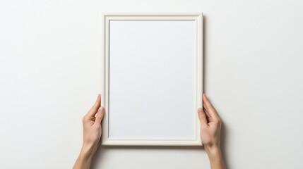 Hands holding blank frame on white background