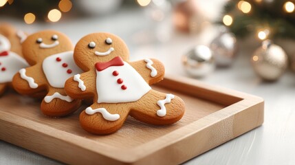 Fototapeta premium Festively decorated gingerbread cookies on a wooden tray