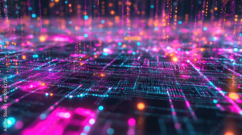 Poster high-tech circuitry design with glowing data points and digital streams