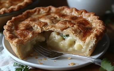 A delicious pie with a flaky crust, revealing a creamy filling of vegetables.