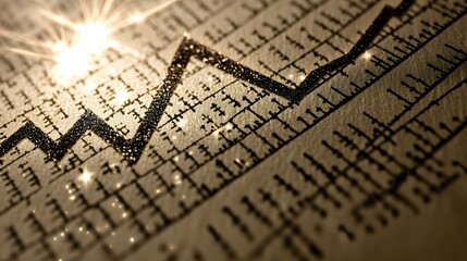 Fototapeta premium High-resolution close-up of a report chart featuring a large, bold arrow up symbol, glowing above a rising trend line, symbolizing market expansion