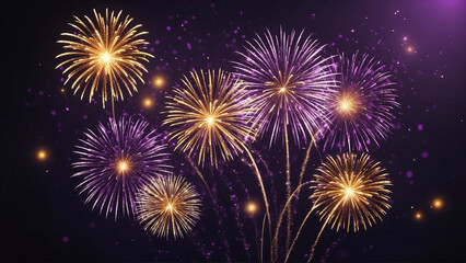 Fototapeta premium Golden and purple fireworks explode in the night sky