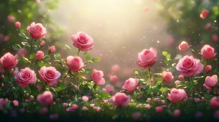 Enchanting garden of blooming pink roses in soft sunlight