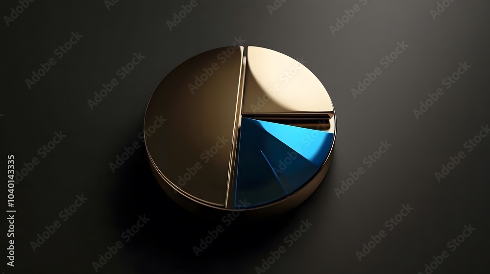 Poster a 3d pie chart in metallic gold and blue, floating in space with no background, clean and shiny