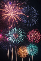 Naklejka premium Colorful fireworks illuminate the night sky during New Year’s Eve celebrations