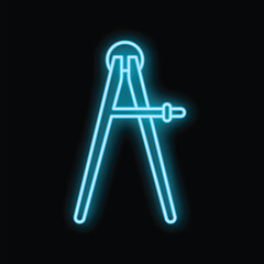 Blue neon icon of a compass measuring and drawing circles on a black background
