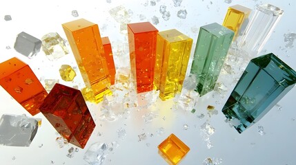 A glossy 3D pie chart with segmented pieces in bright colors, floating in the air, no background