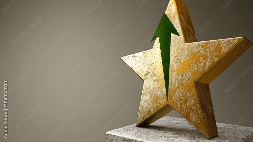 Poster a 3d star icon with a green upward arrow, representing a rising star in a business performance chart