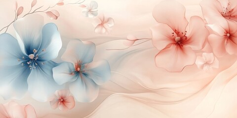 Delicate floral patterns in soft hues, flowing gracefully over a warm beige backdrop, creating an elegant and serene atmosphere.