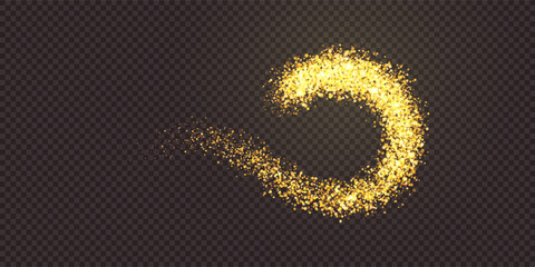 Golden glitter dust swirl as a firework or comet tail in motion. Gold swoosh element. Magic light trail. Sparkling festive element of design. Abstract vector illustration with overlay effect.