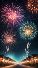 Colorful fireworks illuminate the night sky over homes on New Year's Eve celebration