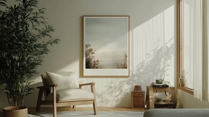 Frame mockup, ISO A paper size. Living room wall poster mockup. Interior mockup with house background. Modern interior design. 3D render