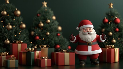 3D Cheerful Santa with Gifts and Christmas Trees