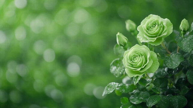 Lush green roses glistening with dew in a vibrant garden