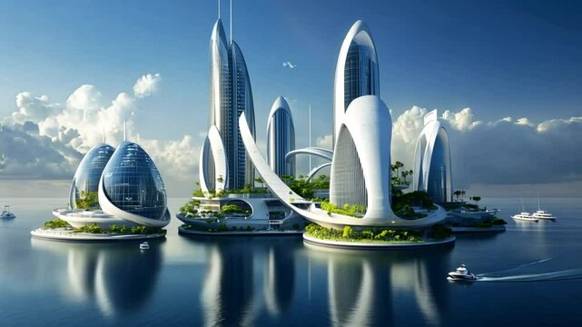 Innovative floating futuristic buildings with organic architecture on clear water. Urban concept